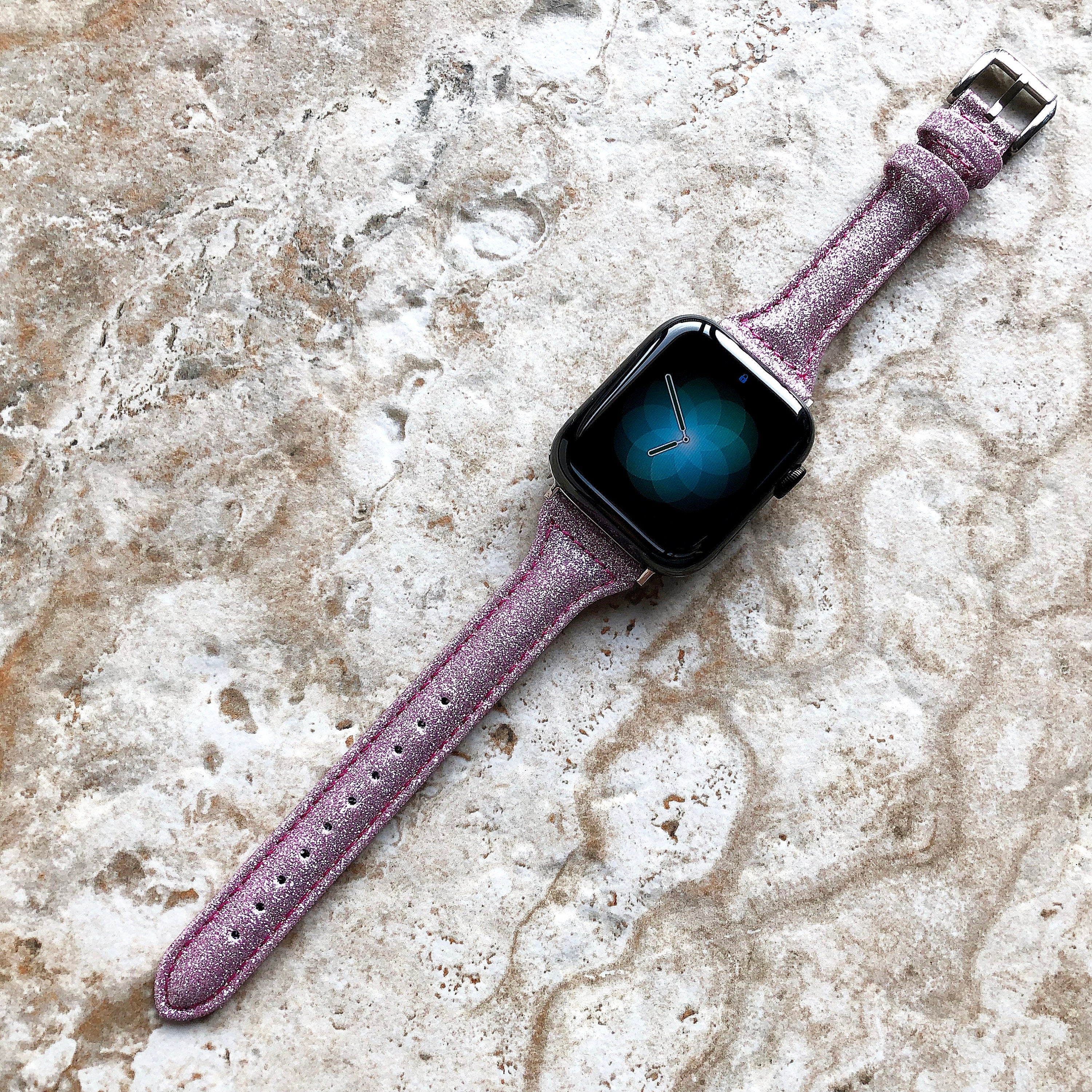 Apple Pink Sparkling Glitter Slim Elegant Soft Leather Band Strap Bracelet for iWatch Ultra 2 49mm and 9 8 Series 41mm 45mm Case Handmade